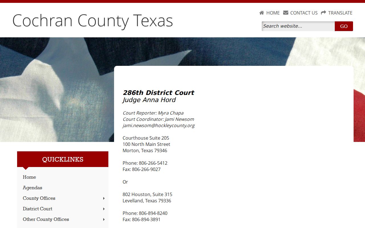 Cochran County arrest warrant court contact for the 286th District Court