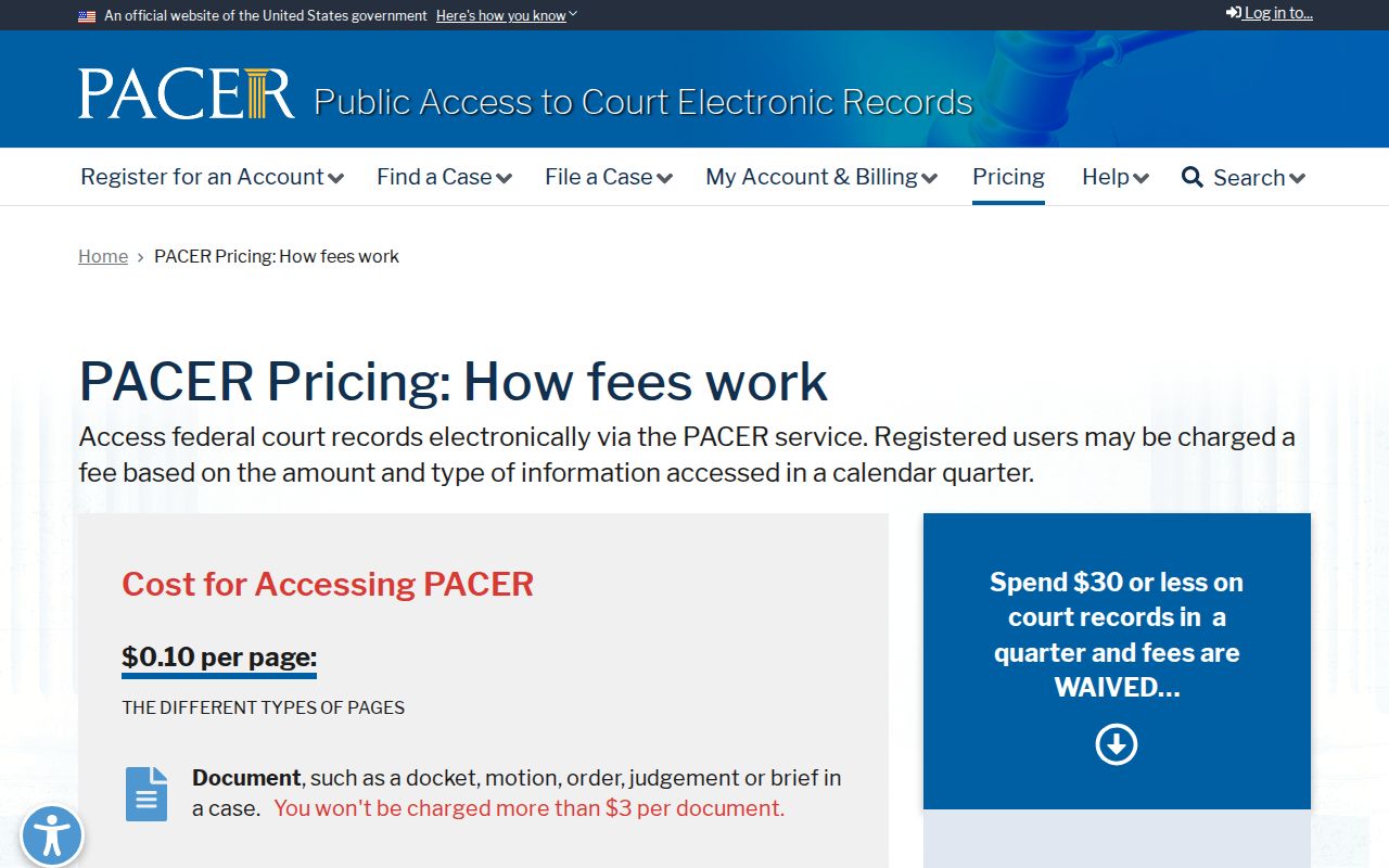 PACER information for searching public federal court dockets
