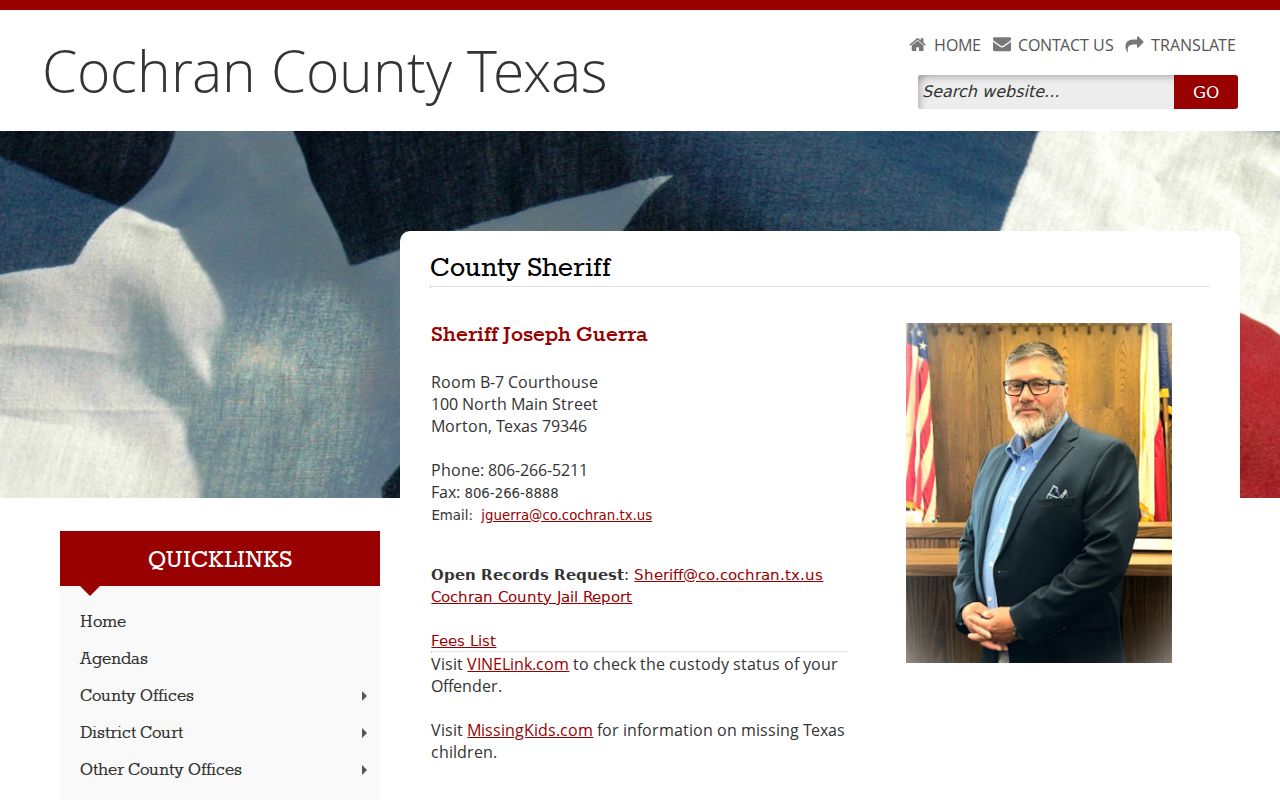 Cochran County warrant lookup contact route on the sheriff page